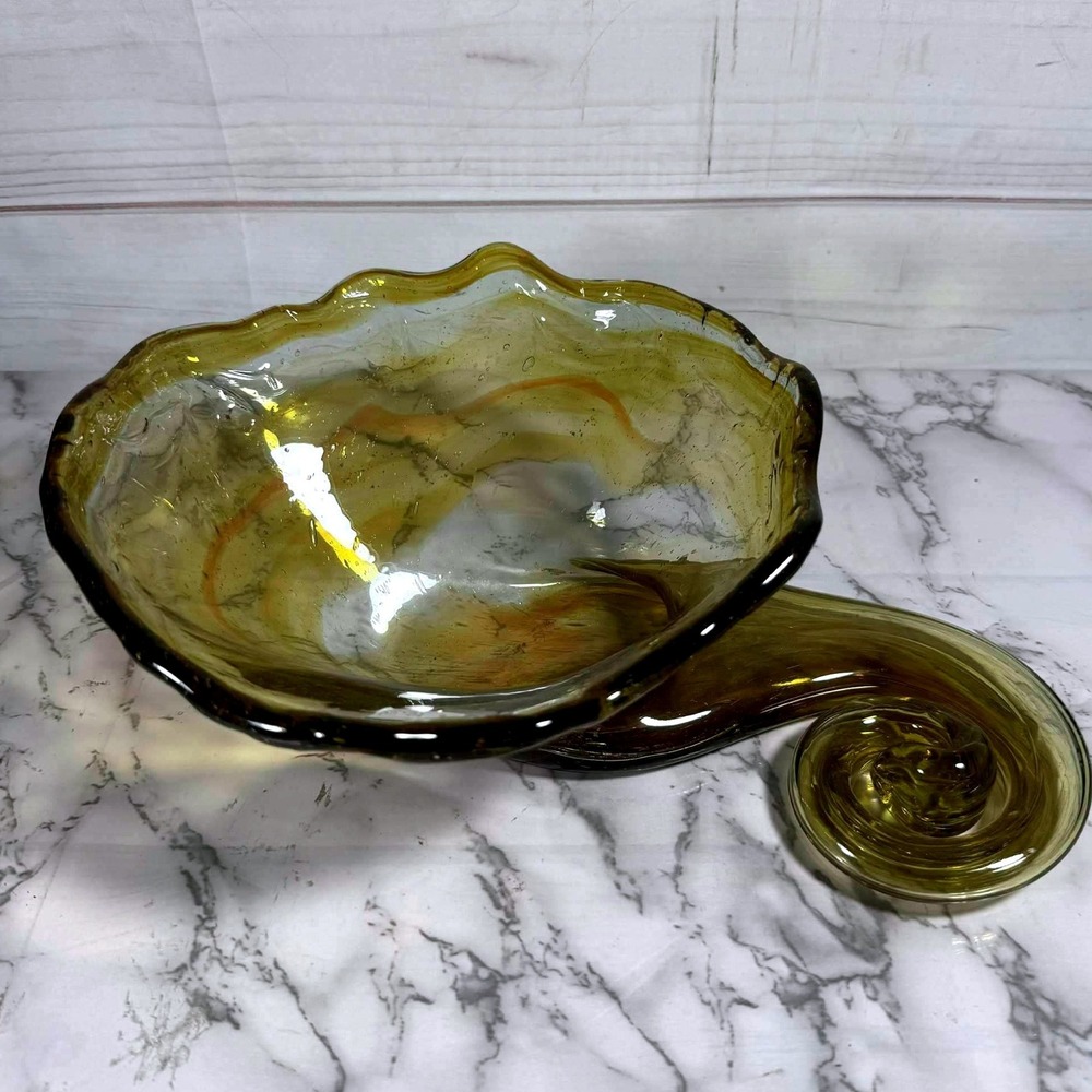 Hand Blown Art Glass Bowl‎ Brown Swirl Decorative Centerpiece